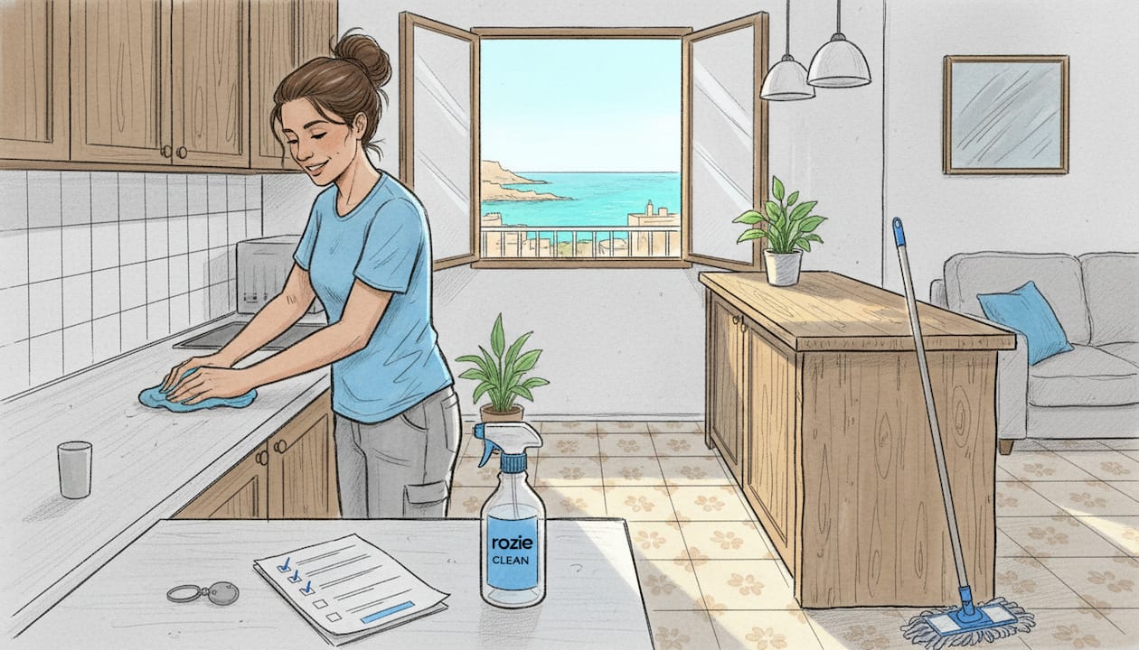 Cleaner doing final clean in Malta apartment