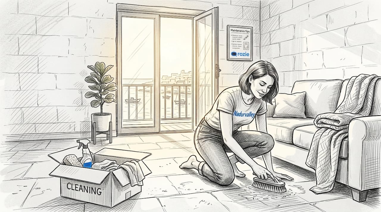 Tenant cleaning limestone floor in Maltese apartment