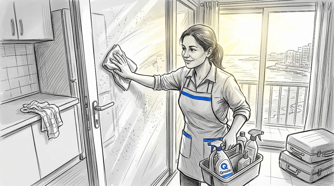 Cleaner wiping glass door in Malta apartment