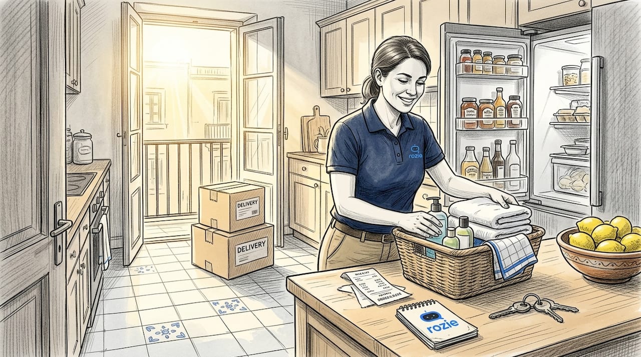 Cleaner restocking supplies in Maltese Airbnb kitchen