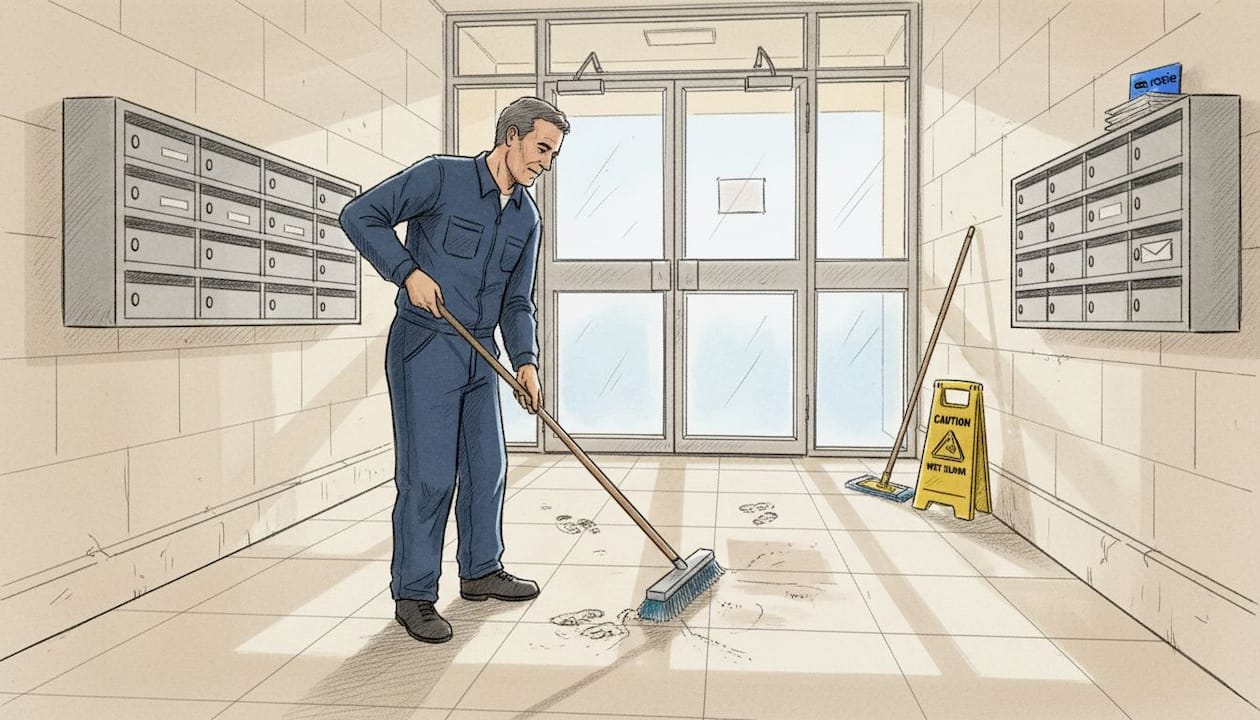 Worker sweeping dust in Maltese apartment hallway