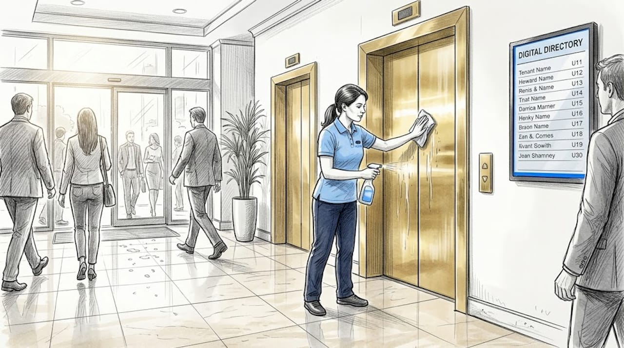 Cleaner wiping elevator doors Malta condo lobby