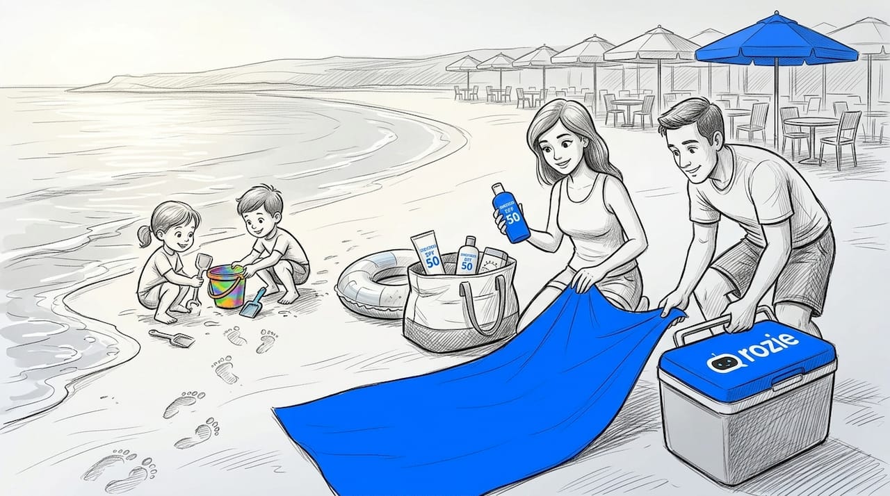 Family unpacking at Malta beach shoreline