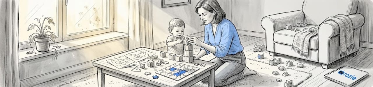 Nanny assisting child in sunny Malta living room