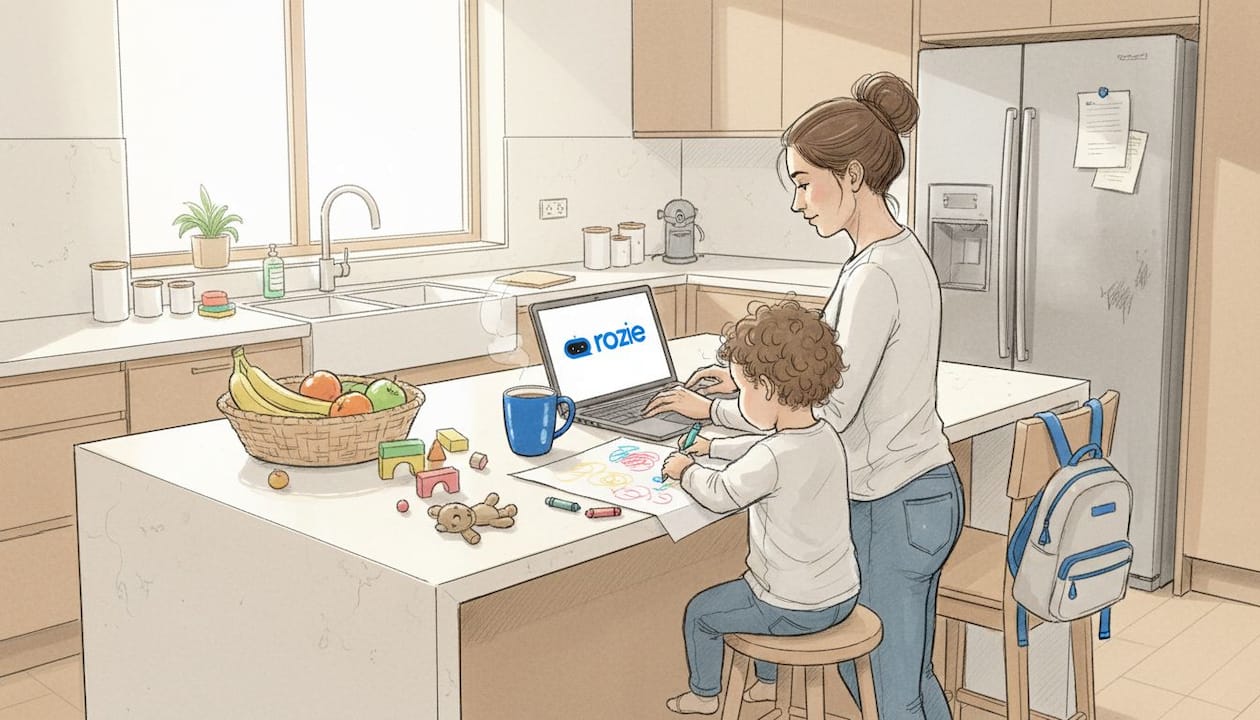 Mother works at kitchen island as toddler draws