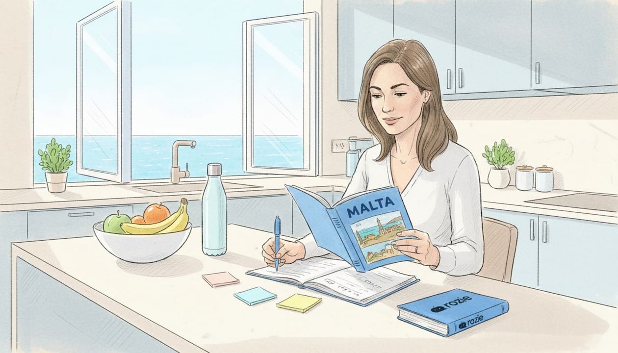 Woman planning Malta holiday at sunlit kitchen table