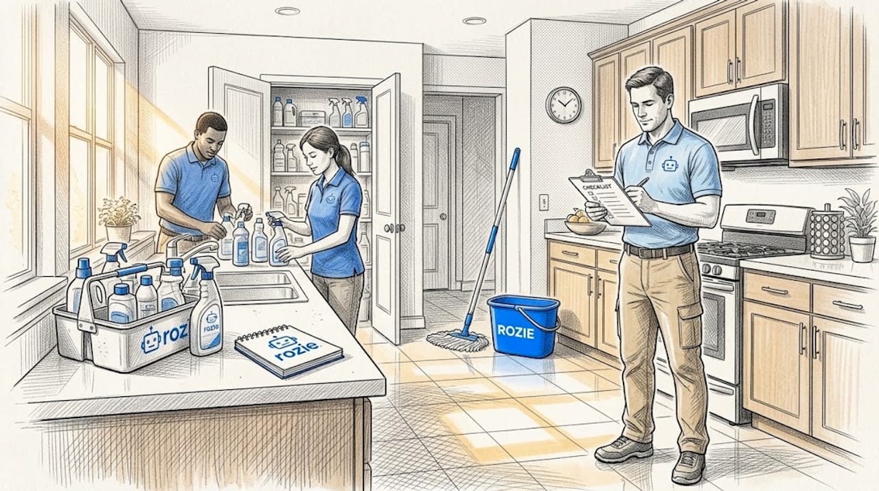 Cleaning supervisor checking tasks in apartment hallway