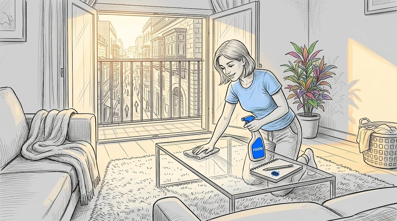 Maltese woman cleaning modern apartment living room
