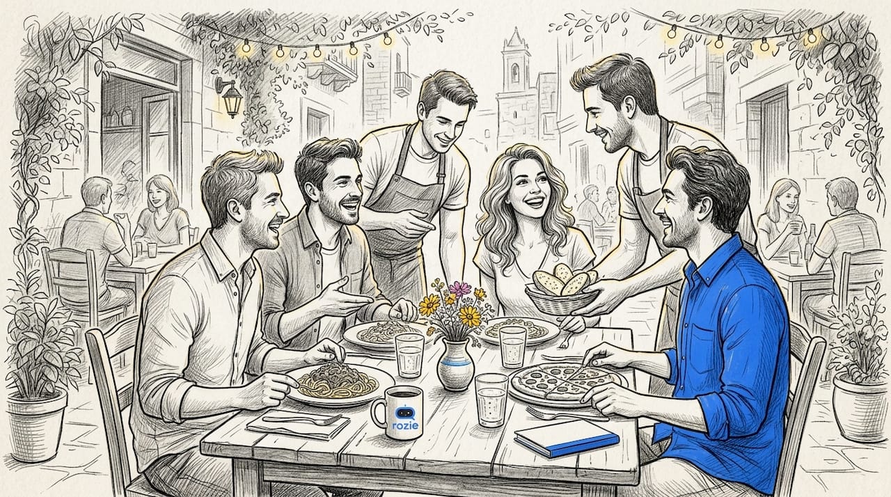 Friends enjoying Italian food in Malta restaurant