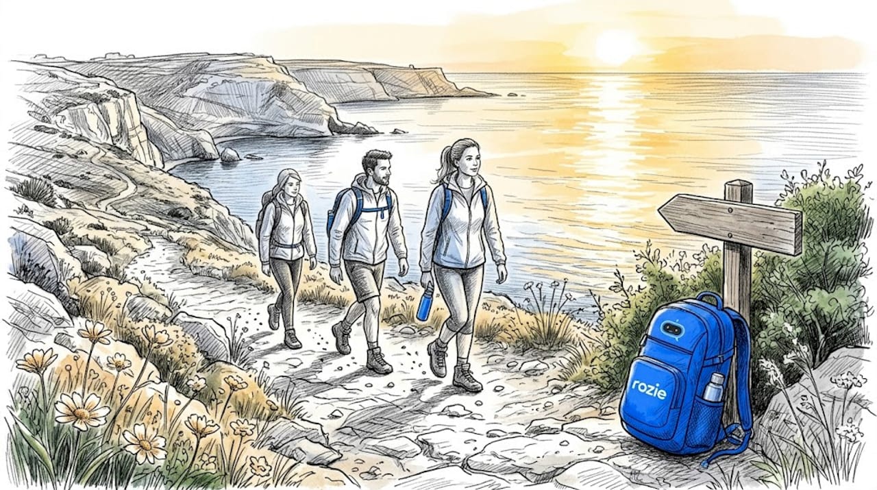 Hikers on limestone trail above Malta’s coastline