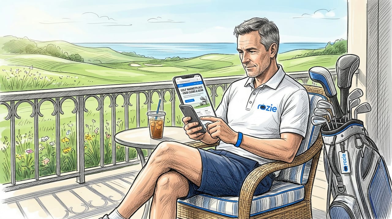 Man reviewing Malta golf marketplaces on clubhouse patio