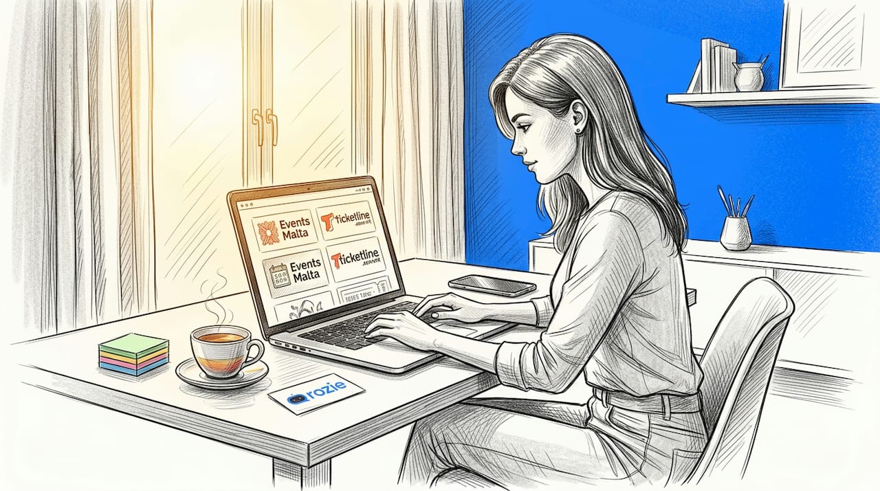 Woman browsing ticket marketplaces at home desk