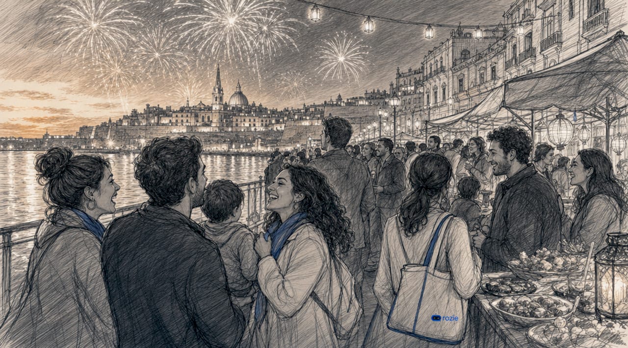 Crowd watching fireworks over Malta Grand Harbour