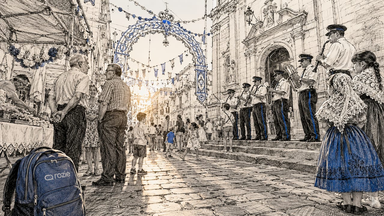Crowded Maltese village street festa celebration