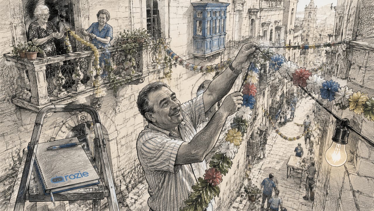 Maltese man hanging festa decorations
