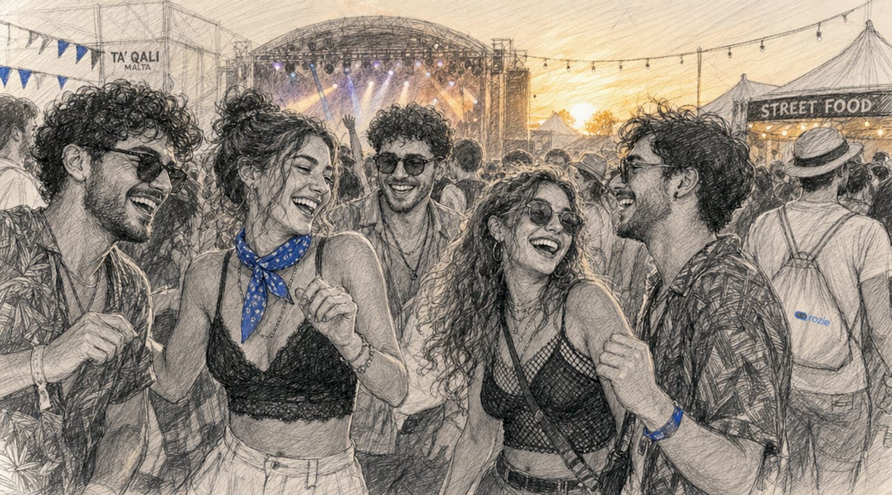 Crowded Malta summer music festival at dusk
