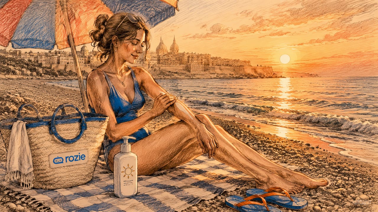 Woman relaxing on a sunny Malta beach in July