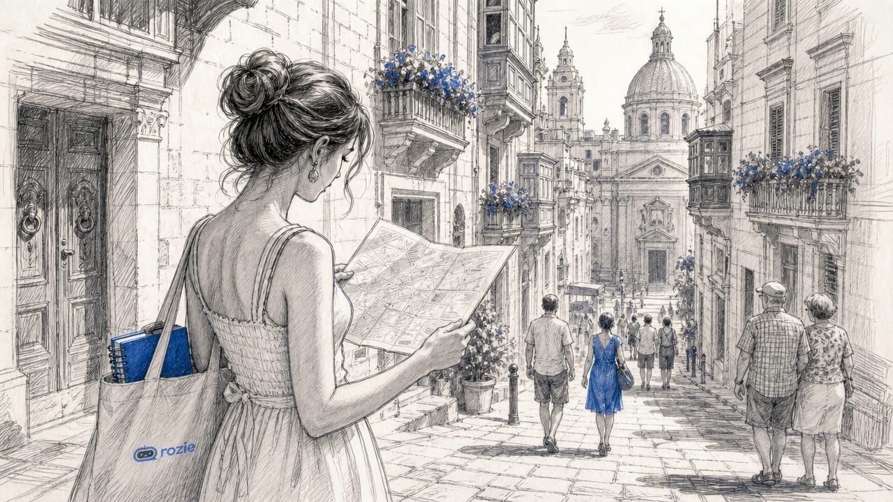 Woman using map in Malta town without car