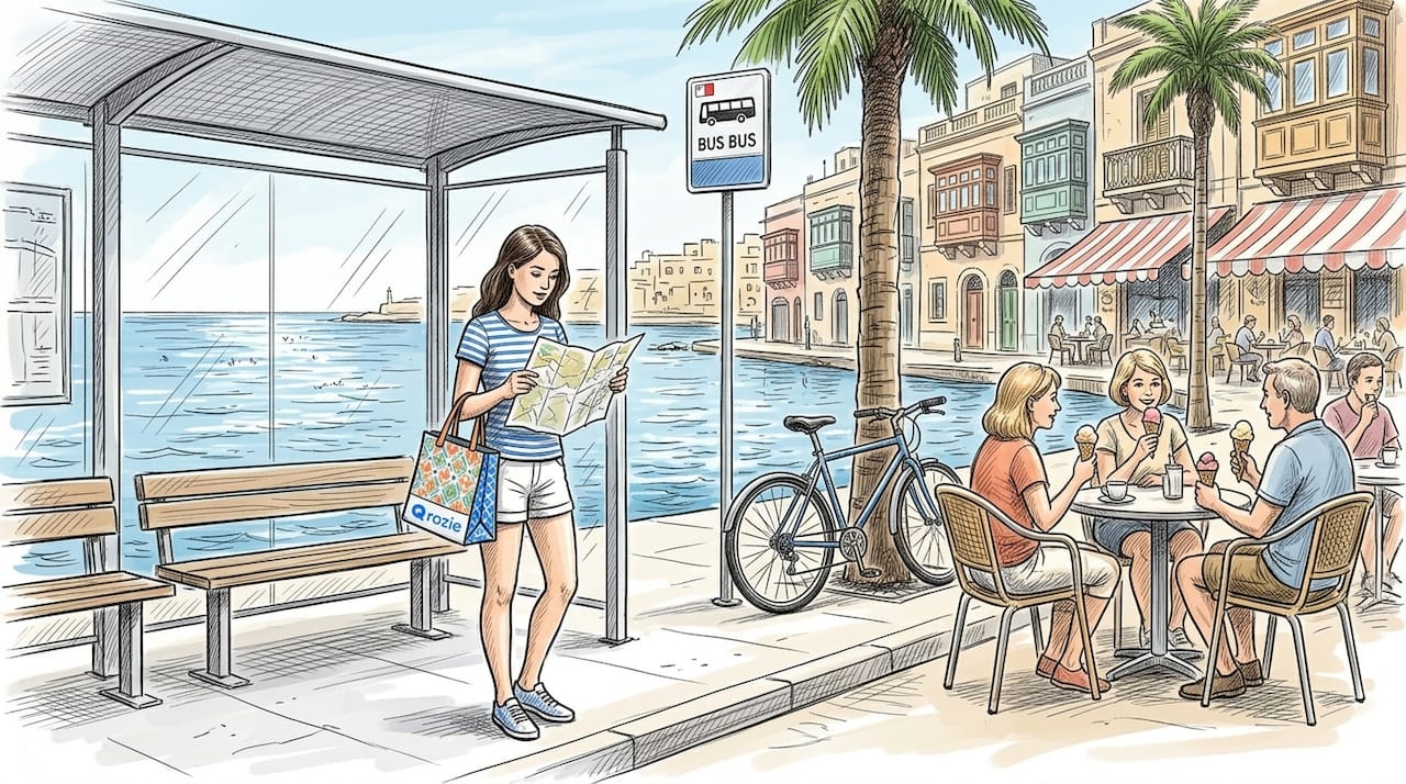 Woman waiting at Malta bus stop outdoors