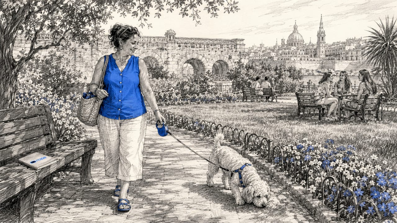 Woman walking dog in Valletta street