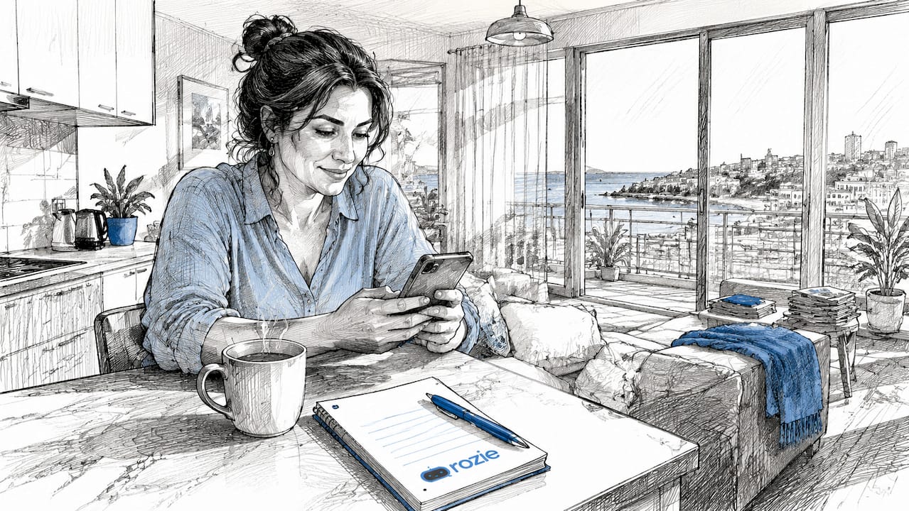 Woman booking cleaning service on phone at home