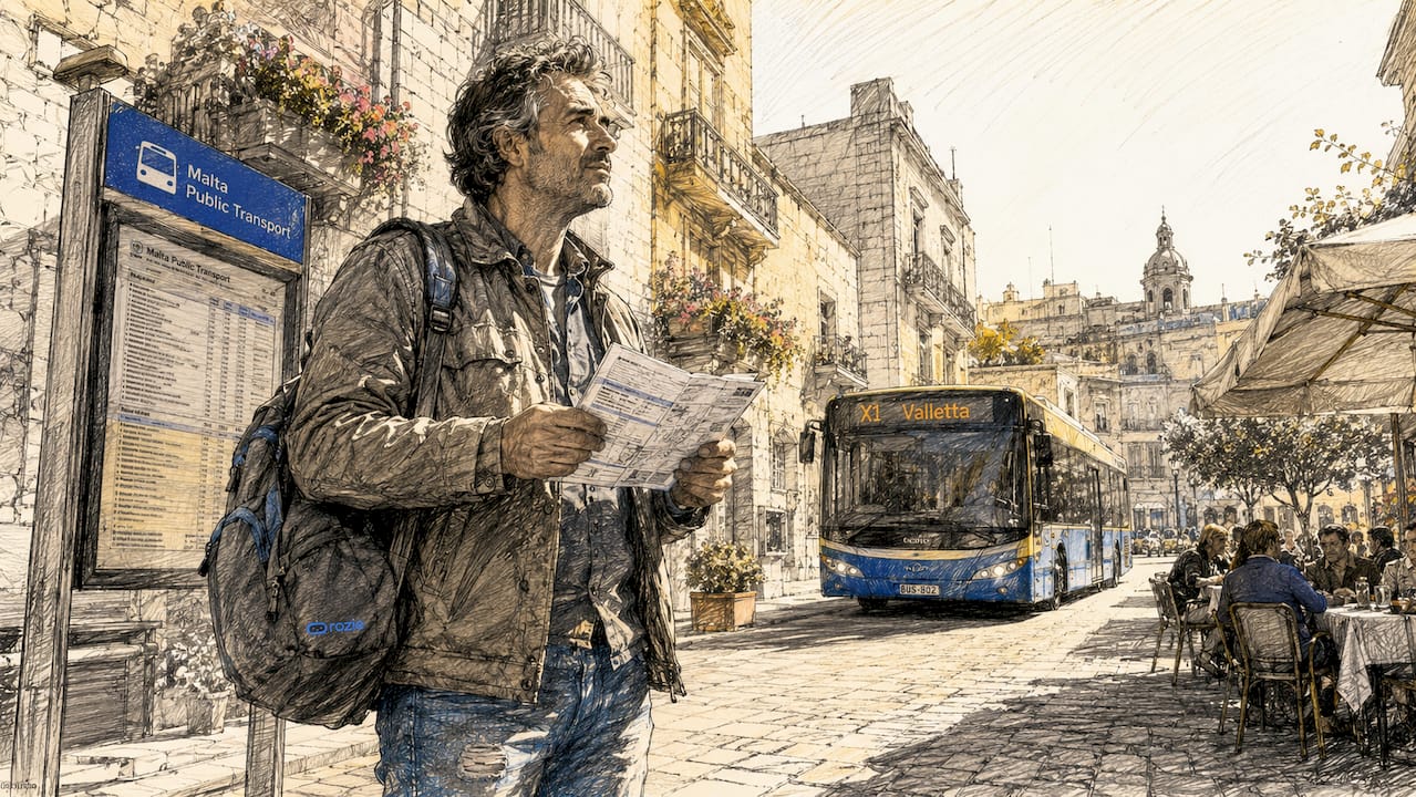 Commuter at Malta bus stop checking map
