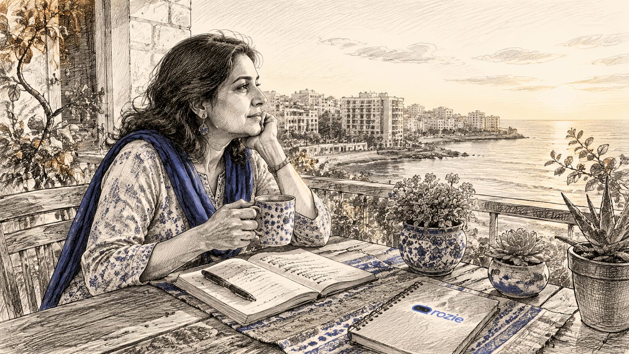 Expat woman enjoying morning coffee on Malta balcony