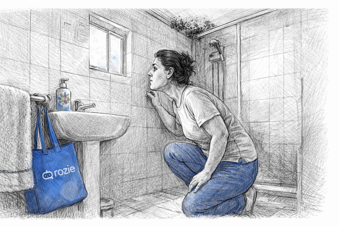Woman pointing at black mould in bathroom