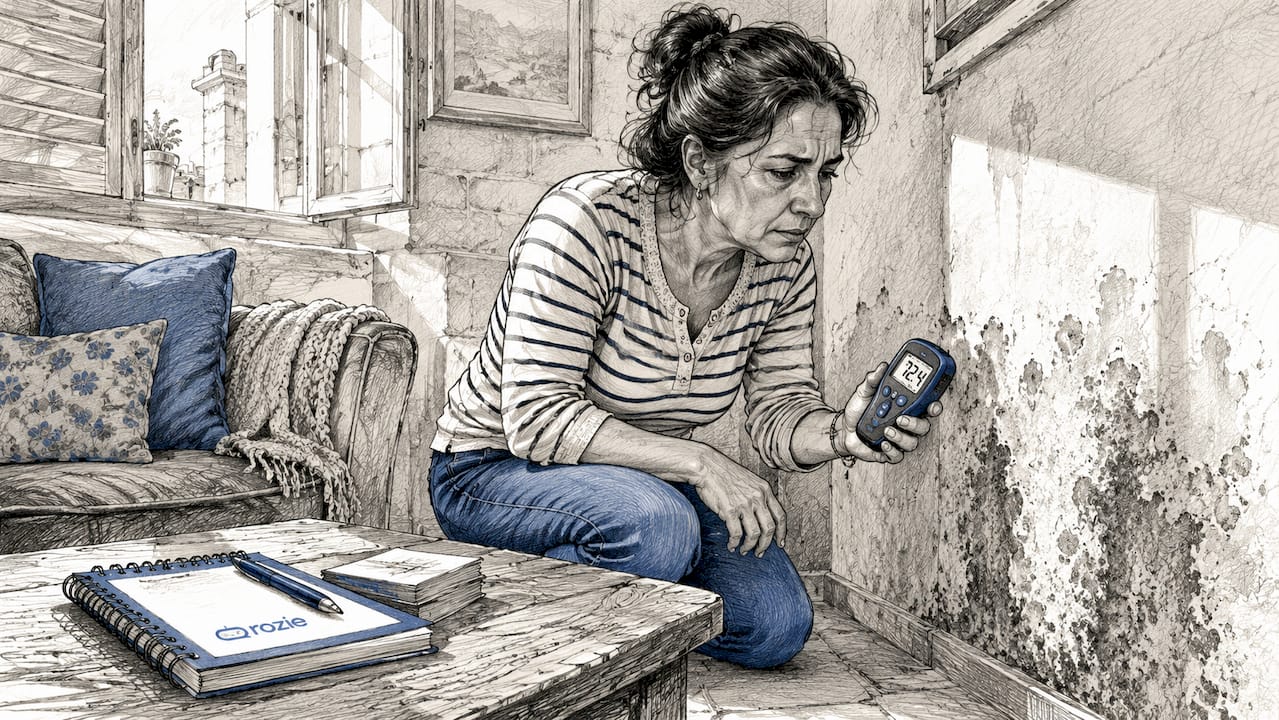 Woman inspecting damp wall in Maltese apartment