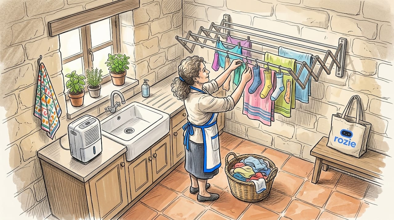 Woman drying clothes indoors on rack in Malta apartment