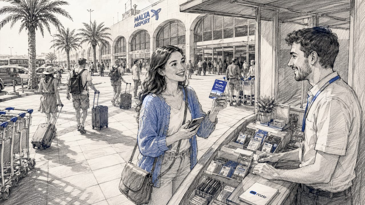 Traveler buying local SIM card at Malta airport