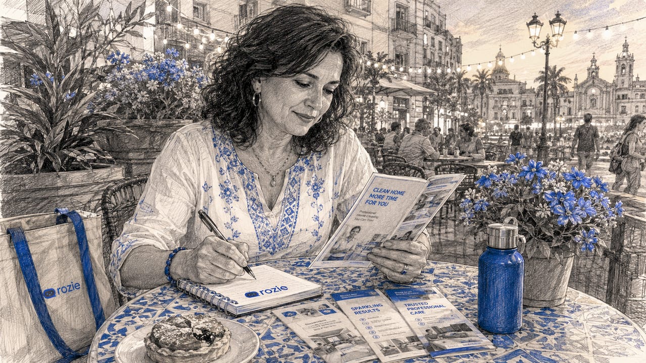 Woman reviewing cleaning service brochures at home