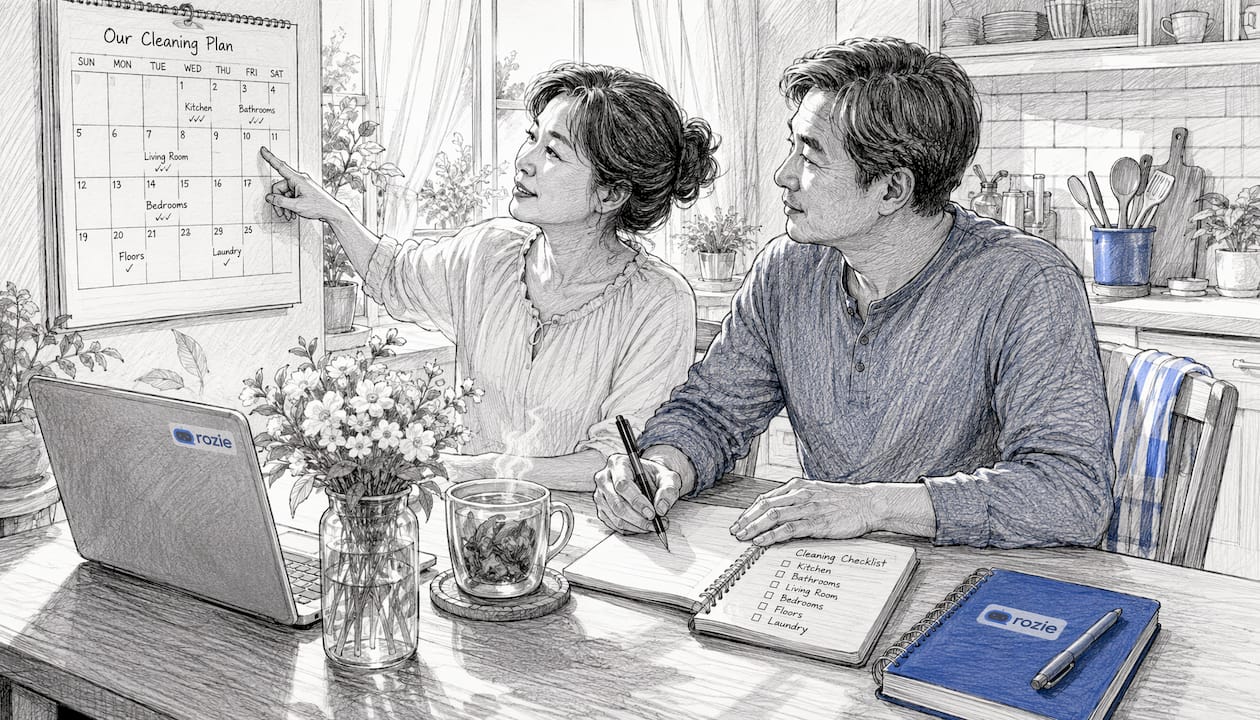 Couple planning cleaning schedule at kitchen table