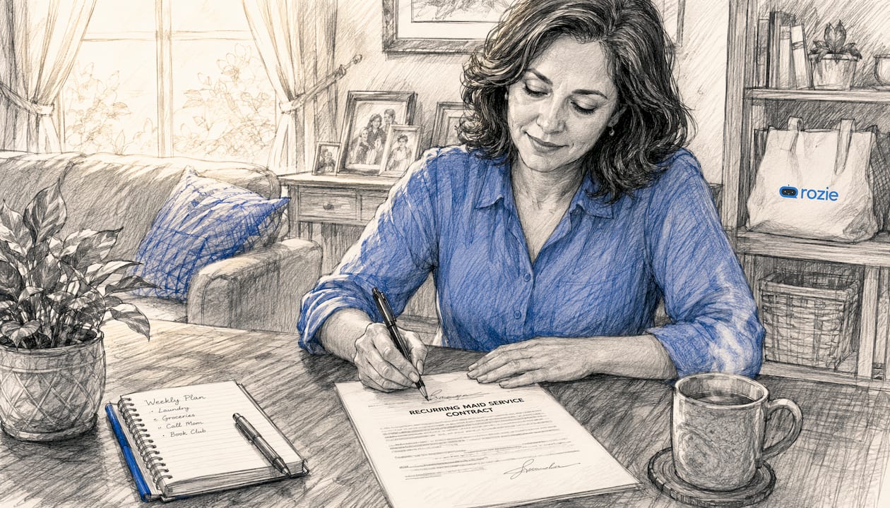 Woman signing maid service agreement at home