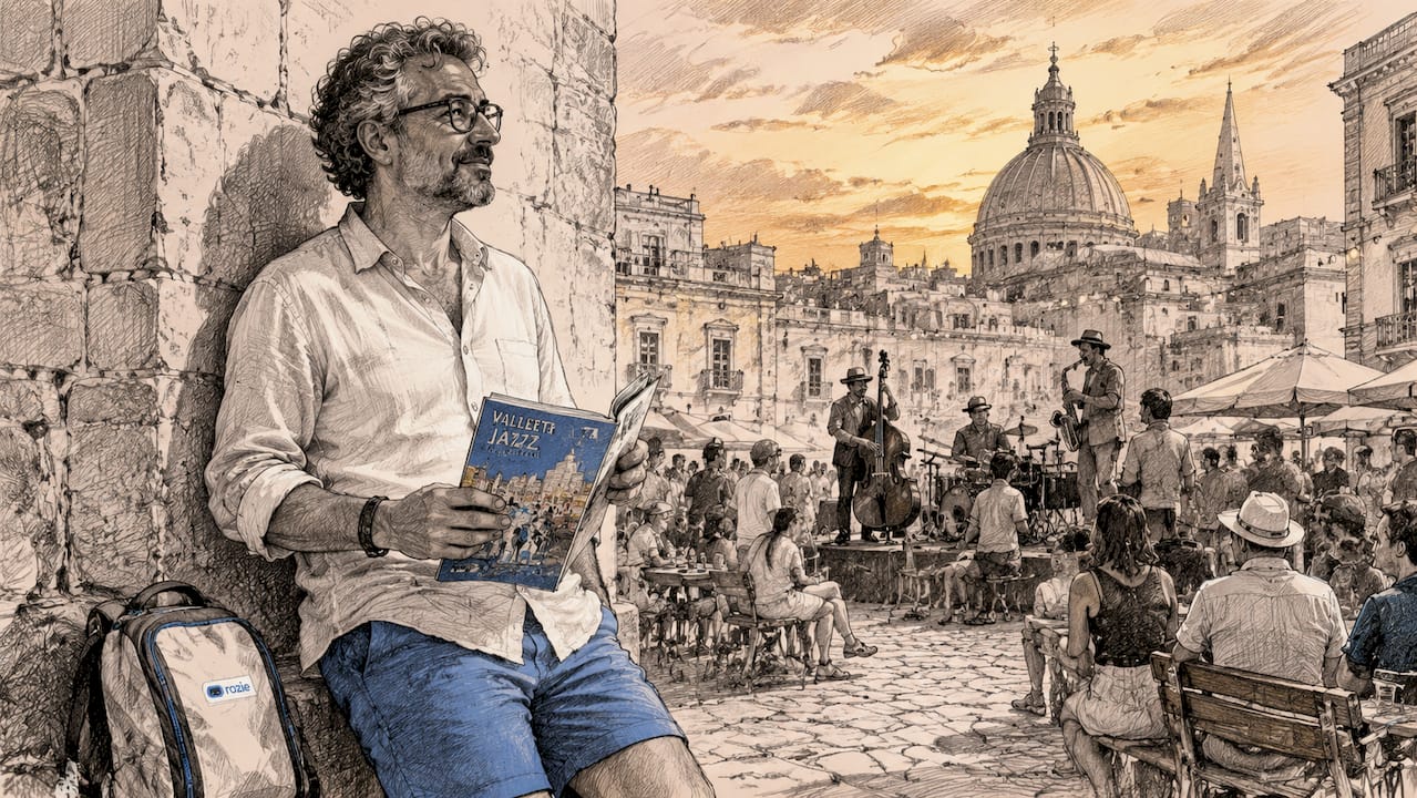 Man enjoying Malta outdoor jazz festival at sunset