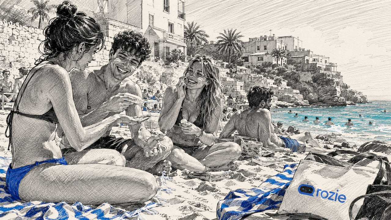 Busy Malta beach scene on sunny summer day