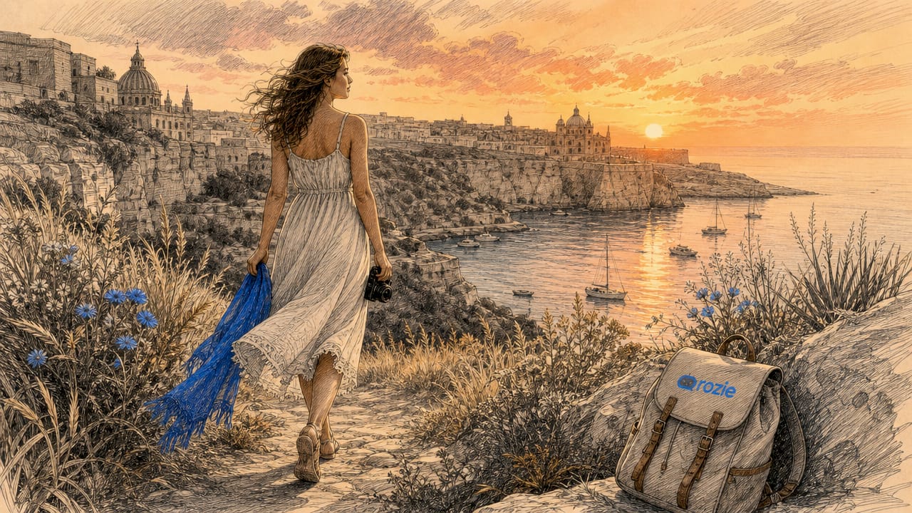 Young woman walking on Maltese sandy beach in August