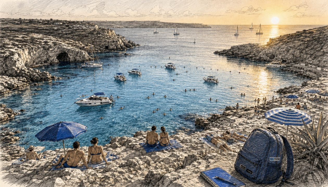 Aerial view of Comino Blue Lagoon with swimmers and boats