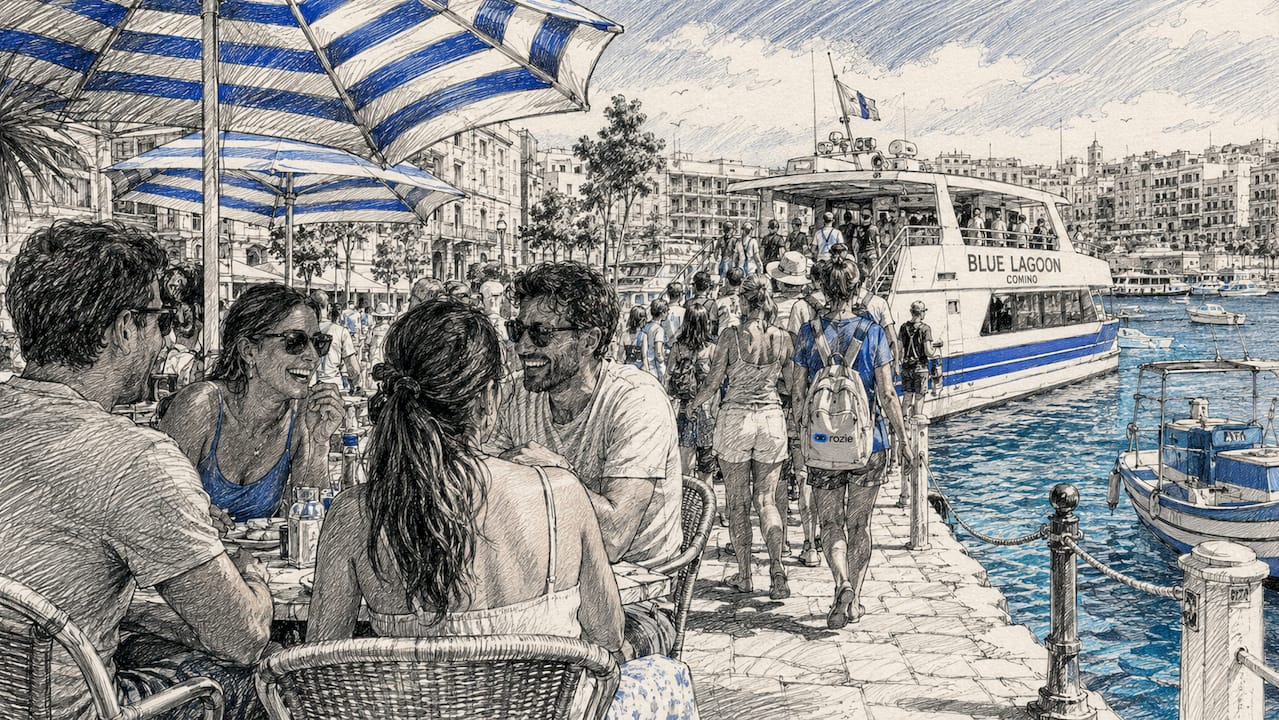 Sliema harbor with boats and tourists boarding