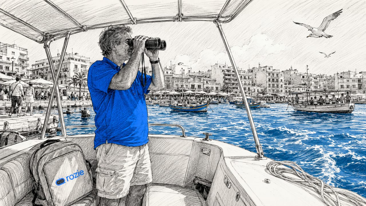 Tourist on boat deck looking at sea near Bugibba Malta