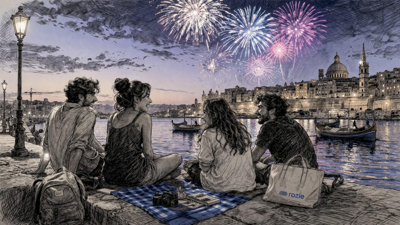 Panoramic view of Malta fireworks from Upper Barrakka Gardens