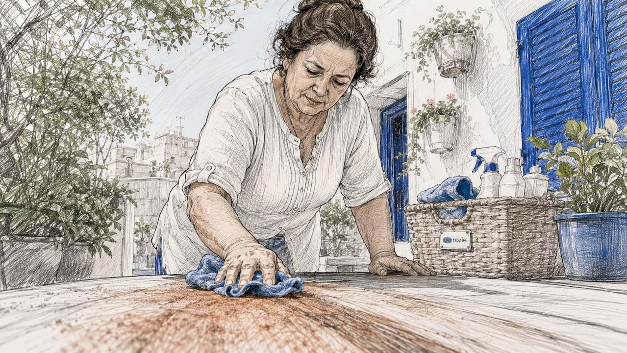 Woman cleaning Sahara dust from living room window