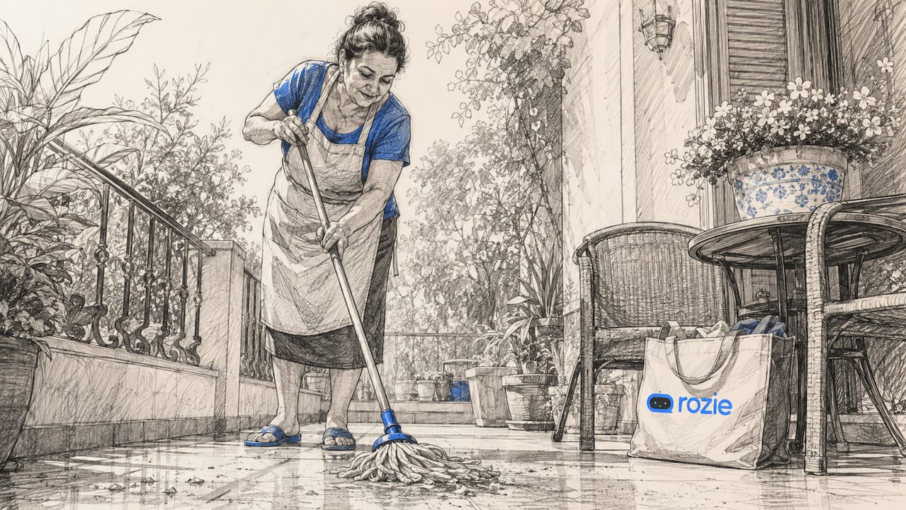 Woman cleaning dusty balcony floor in Malta