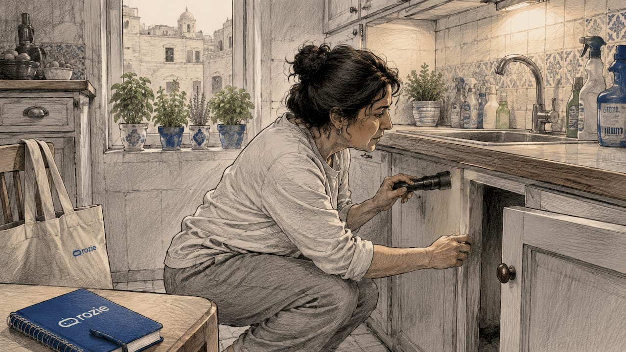 Woman inspecting kitchen sink cabinet for cockroach entry
