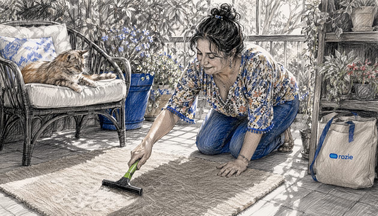 Woman cleaning pet hair from carpet with squeegee