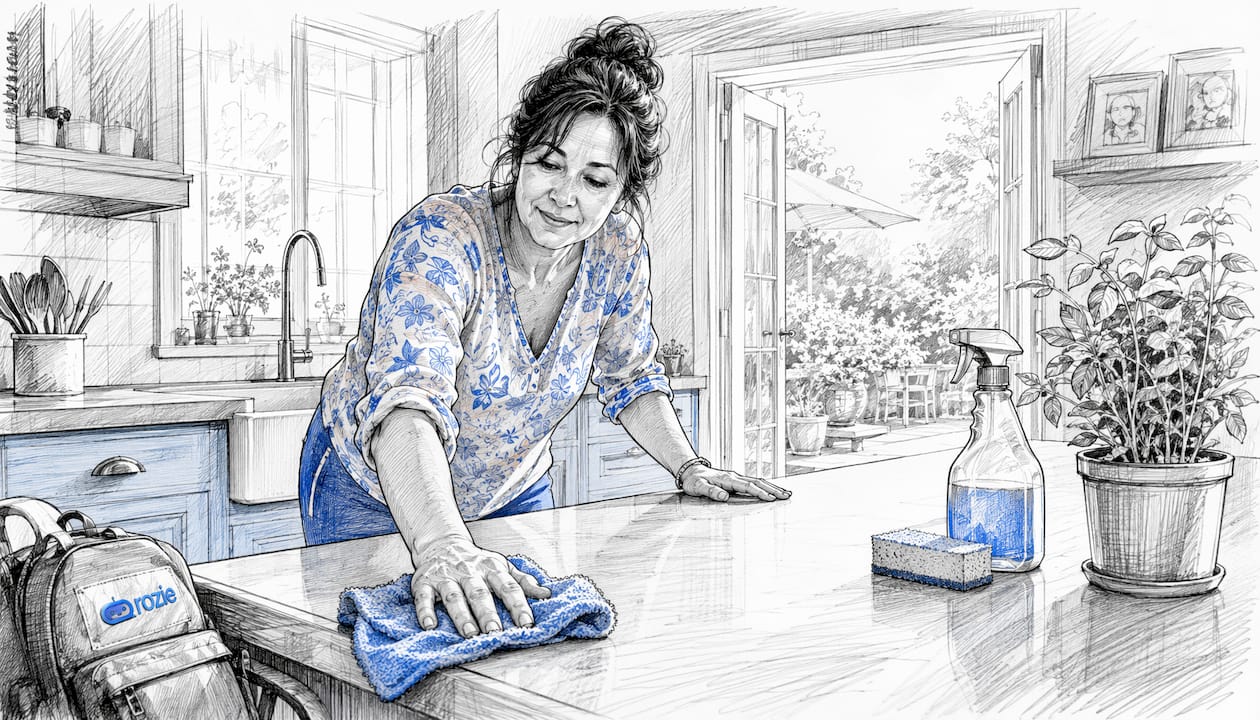 Woman cleaning kitchen stone countertop