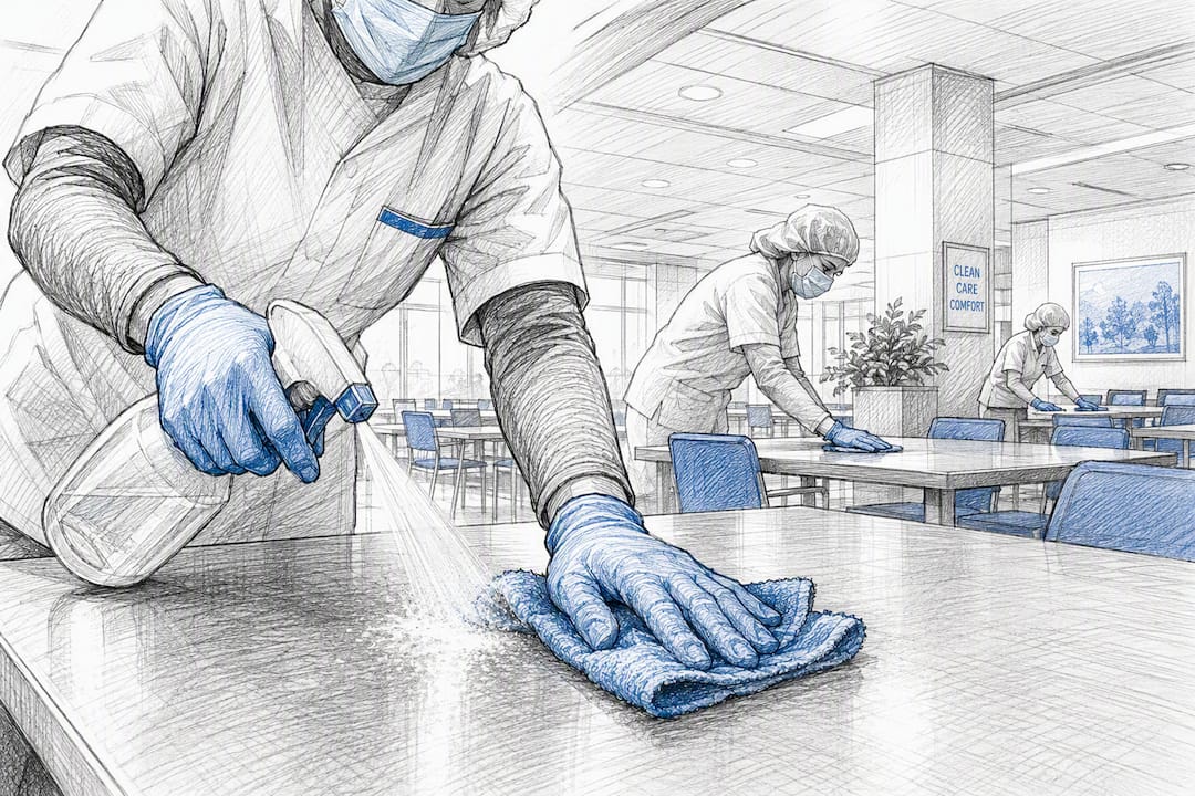 Healthcare janitorial cleaning in hospital corridor