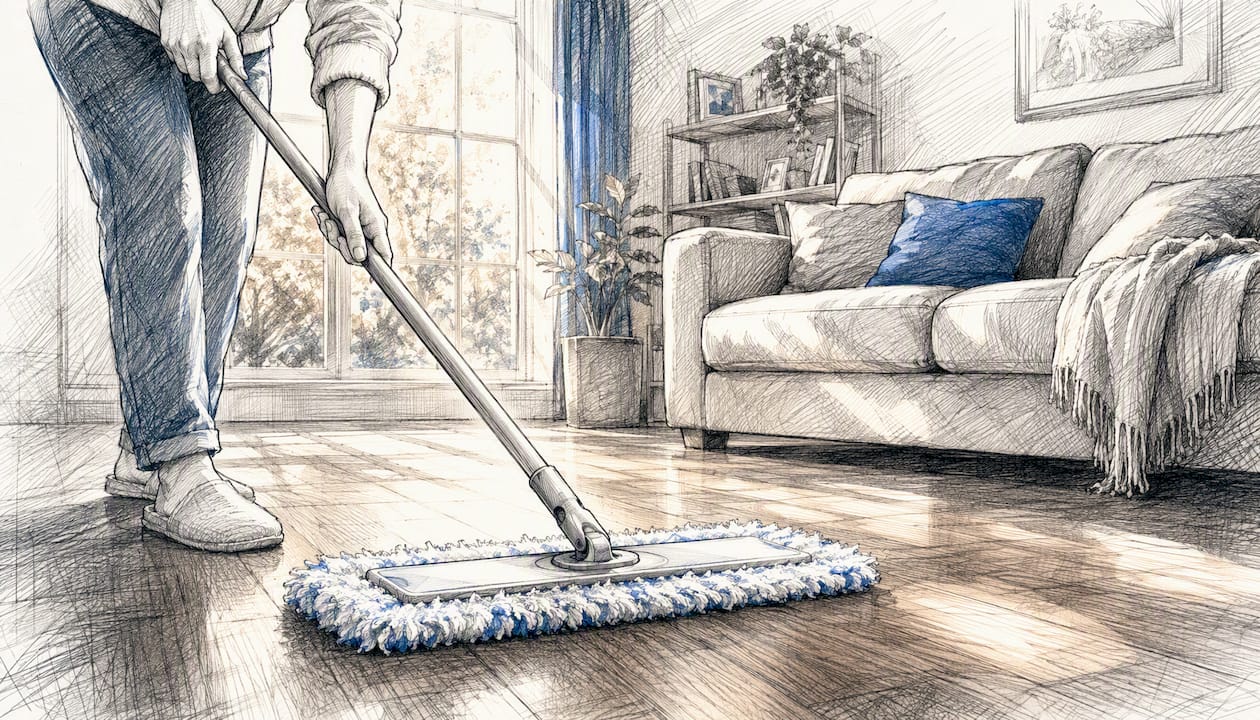 Microfiber mop cleaning stone tile floor