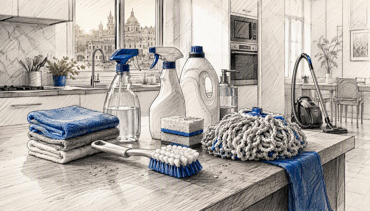 Various house cleaning supplies on kitchen table
