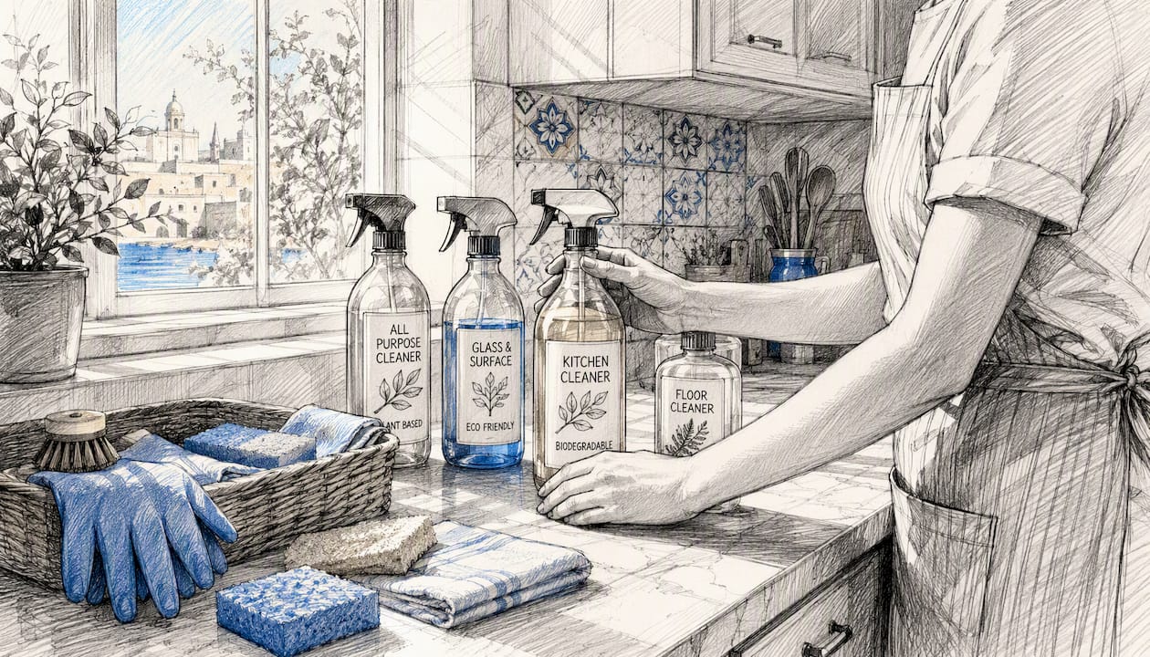 Cleaner arranging cleaning supplies in bathroom